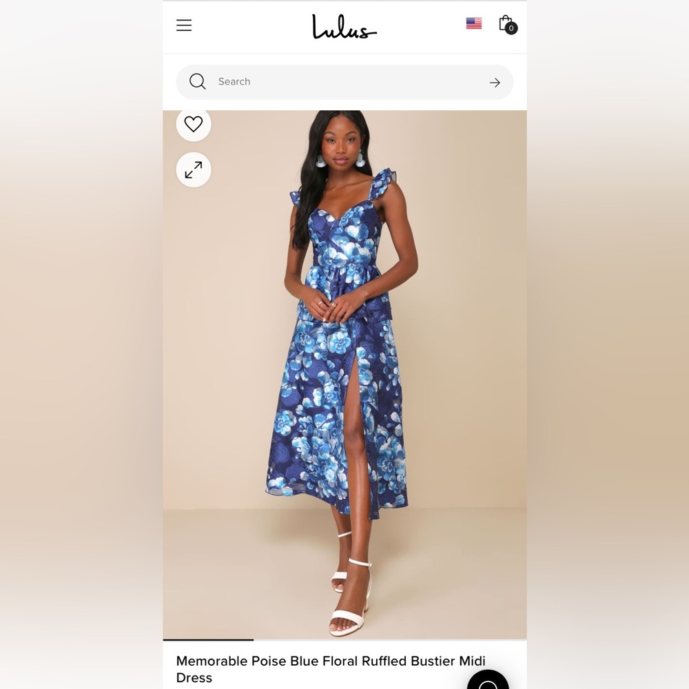 Lulu’s Memorable Poise Blue Floral Ruffled Bustier Midi Dress NWT